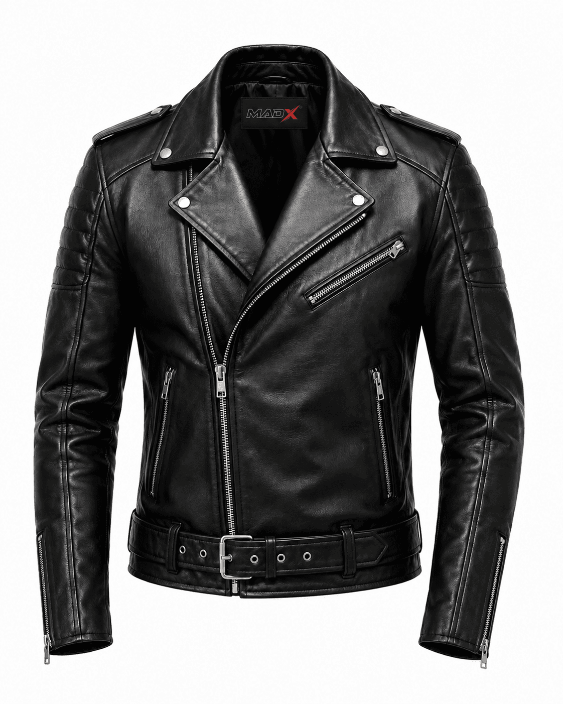 Midnight Black Belted Leather Biker Jacket