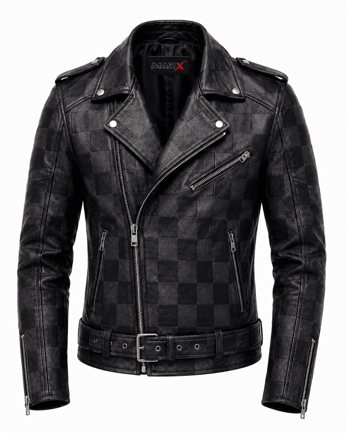 Shadow Check Panel Leather Biker Jacket