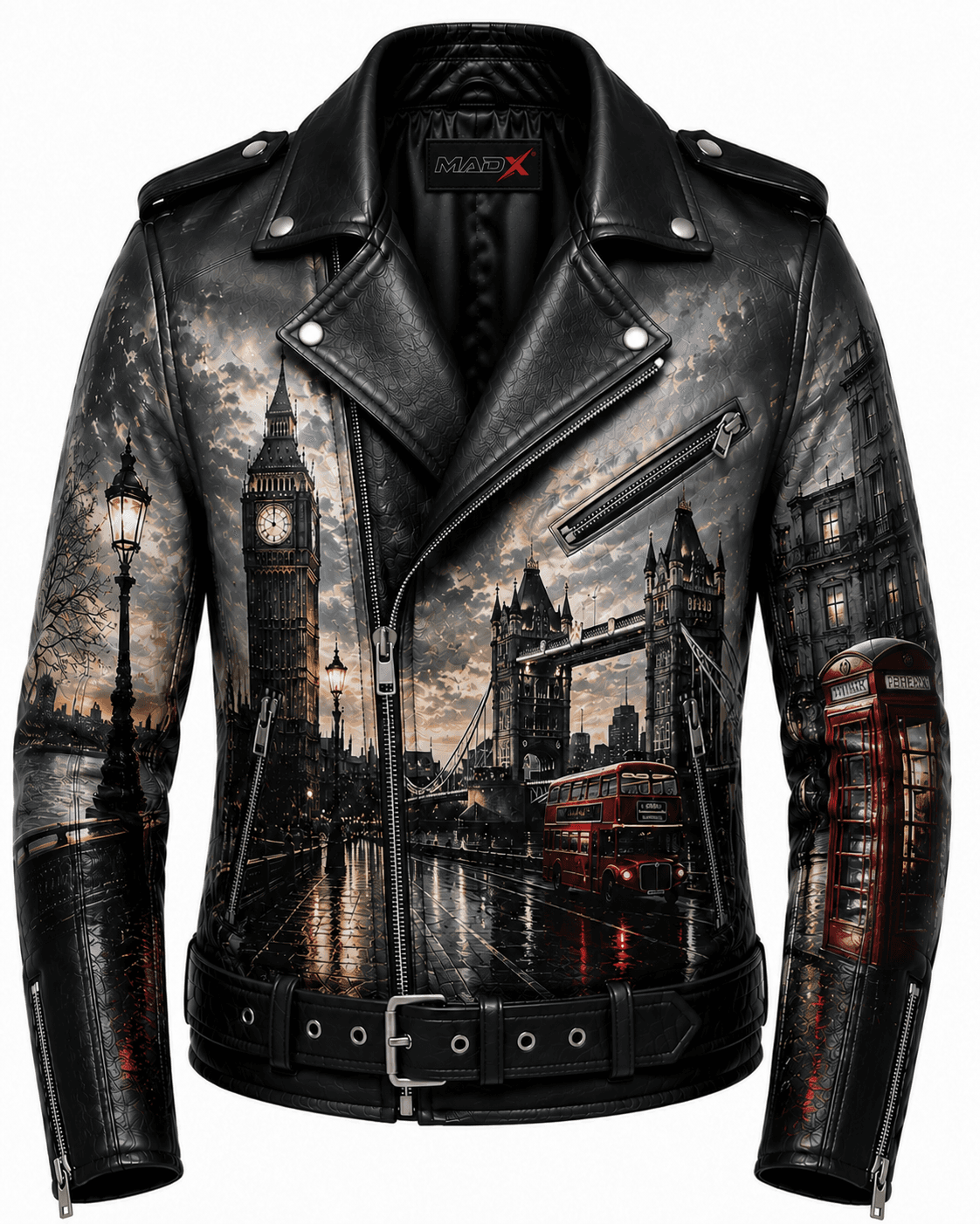 London After Dark Graphic Leather Biker Jacket
