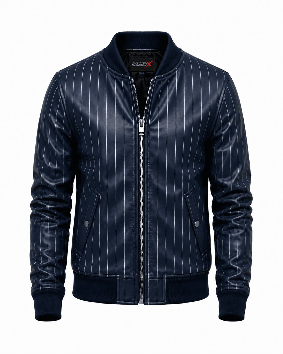 Midnight Navy Pinstripe Leather Bomber Jacket